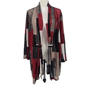 Ali Miles Patchwork Artsy Open Cardigan 2X Red Black Chevron Knit Semi Sheer